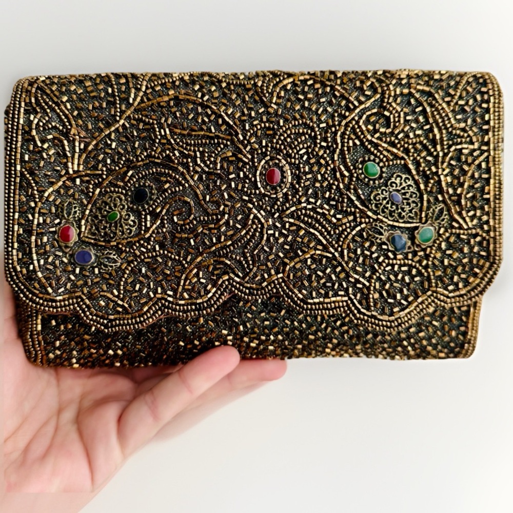 Vintage Hand Beaded La Regale Gold & Jewel Toned Clutch